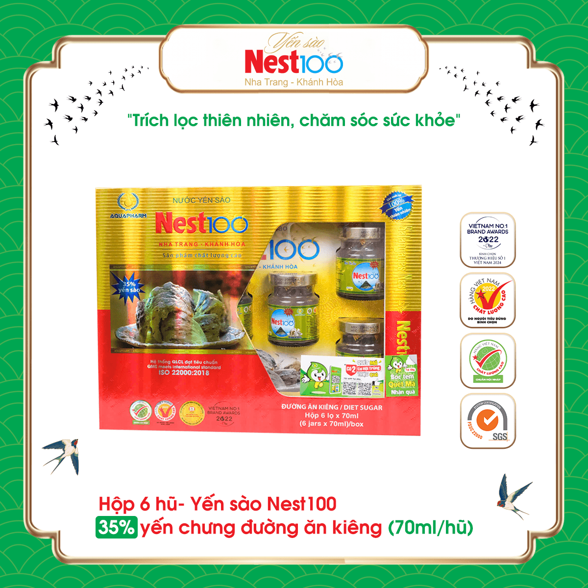 Nước Yến sào Nest100 – Đường ăn kiêng (hộp 6 lọ)
