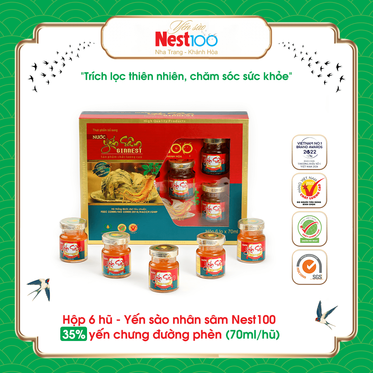 Nước Yến Sâm Ginnest – Có đường (hộp 6 lọ)