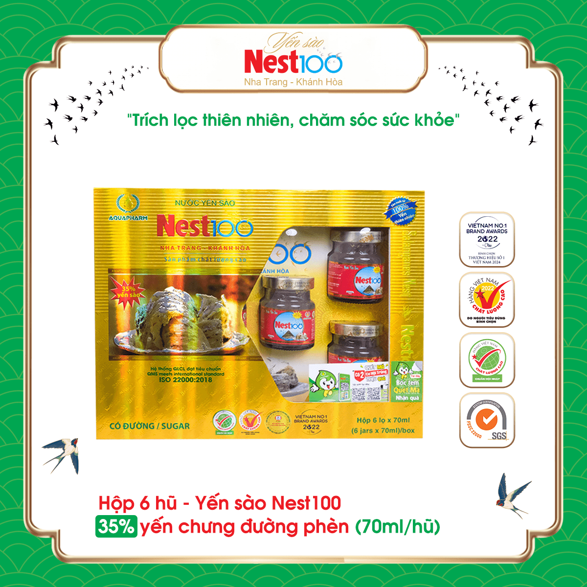 Nước Yến sào Nest100 – Chưng đường phèn (6 lọ vàng)