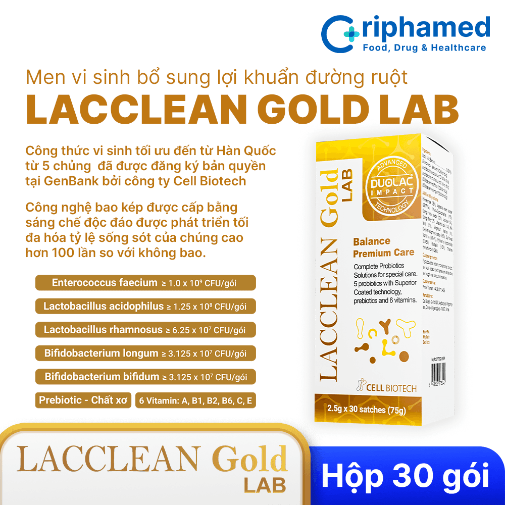 Men vi sinh bổ sung lợi khuẩn Lacclean Gold LAB (Hộp 30 gói)