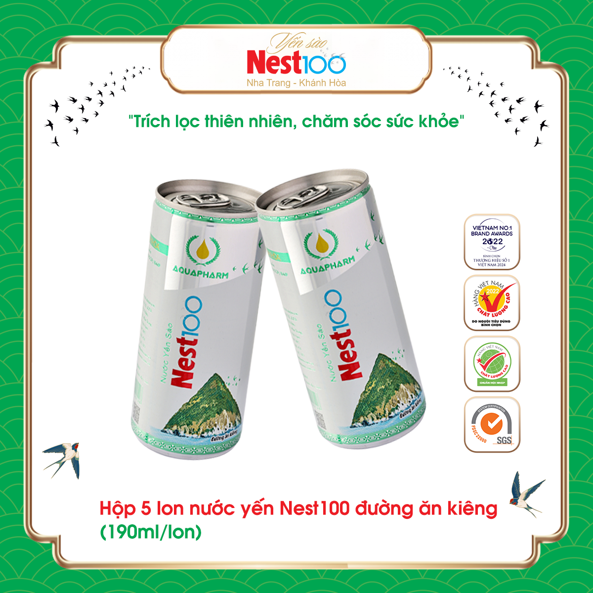 Hộp 5 lon nước yến Nest100 đường ăn kiêng (190ml-lon)(1)